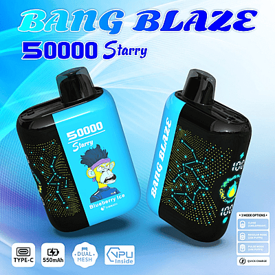 Een promotiefoto voor de detailhandel met een futuristisch blauw en zwart e-sigarettenapparaat, gelabeld 'Bang Blaze 50000 Starry' met 'Blueberry Ice'-smaak, met LED-sterpatronen en productdetails zoals Type-C-opladen en een capaciteit van 550 mAh.