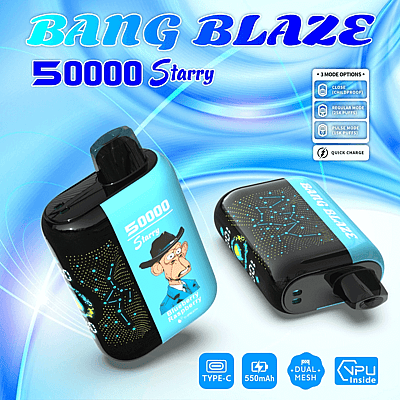 Promotie-afbeelding voor het Bang Blaze 50000 Starry vape-apparaat met een felblauw ontwerp, USB Type-C-oplaadpoort, 550 mAh-batterij, dubbele mesh-technologie en drie gebruiksmodi, aangevuld met grafische elementen, waaronder een cartoonaap en sterrendecoraties.