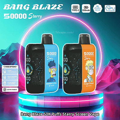Advertentie voor 'Bang Blaze 50000 Starry' met twee vape-apparaten met geïllustreerde apenontwerpen en uitgelichte productkenmerken, waaronder 50.000 trekjes, dubbele mesh-spoeltechnologie, Type-C-opladen en een 550 mAh-batterij, geplaatst tegen een kleurrijke futuristische achtergrond.