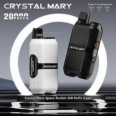 Twee Crystal Mary Space Rocket 20K Puffs vape-apparaten, één in het wit en één in het zwart, gepresenteerd tegen een moderne achtergrond met promotionele tekst.