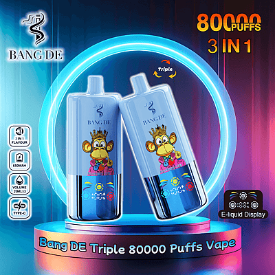 Imagen promocional de Bang DE Triple 80000 Puffs Vape que muestra dos dispositivos en azul con diseños coloridos, resaltando características como sabores 3 en 1, batería de 650 mAh, capacidad de 20 ml y carga tipo C.