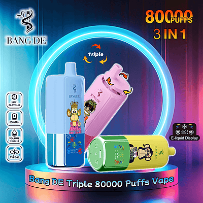 Imagen promocional que muestra los vaporizadores desechables Bang DE Triple 80000 bocanadas con tres sabores intercambiables, con diseños coloridos y especificaciones como batería de 650 mAh y carga tipo C, mostrados dentro de un fondo iluminado con neón.