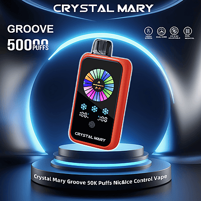 Immagine che mostra il dispositivo per svapare Crystal Mary Groove dal design moderno, caratterizzato da un corpo rosso, display touchscreen e testo evidenziatore con funzionalità avanzate, posizionato su un palco illuminato con i dettagli pubblicitari del prodotto visibili sullo sfondo.