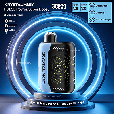 Immagine promozionale del dispositivo di svapo usa e getta Crystal Mary Pulse X, che ne evidenzia la capacità di 30.000 tiri, il design a doppia rete e la funzione di ricarica rapida su uno sfondo blu futuristico.