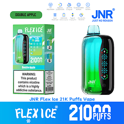 Image promotionnelle présentant la vape JNR Flex Ice avec un design noir et vert vif, avec des niveaux de glace réglables, une fonctionnalité rechargeable et une capacité de 21 000 bouffées aux côtés de sa boîte emballée affichant les spécifications et les avertissements du produit.