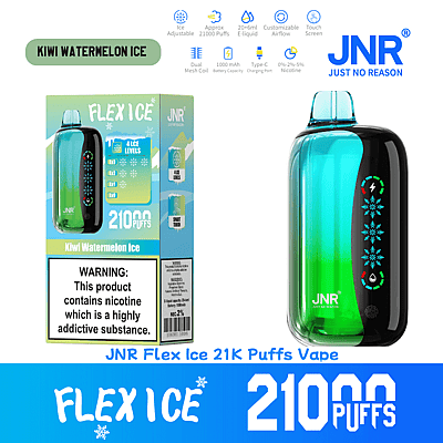Image promotionnelle pour la vape jetable JNR Flex Ice avec une saveur Kiwi Watermelon Ice, illustrant la capacité de 21 000 bouffées, les niveaux de glace réglables et les détails de conception sur l'emballage et l'appareil.