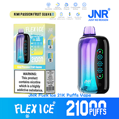 Emballage et image du produit de l'appareil de vapotage JNR Flex Ice, comprenant 21 000 bouffées, des niveaux de glace réglables et une saveur Kiwi Passion Fruit Guava.