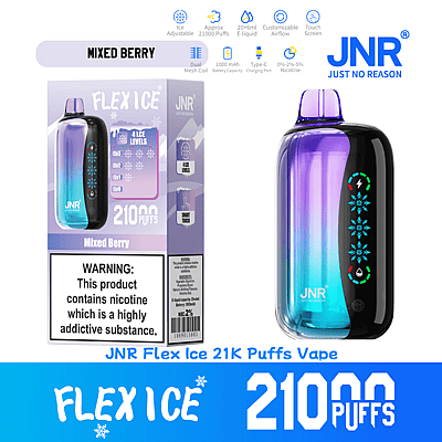 Image promotionnelle pour la vape JNR Flex Ice au goût de baies mélangées, comprenant 21 000 bouffées, un écran tactile, des niveaux de glace réglables et un avertissement sur la teneur en nicotine.