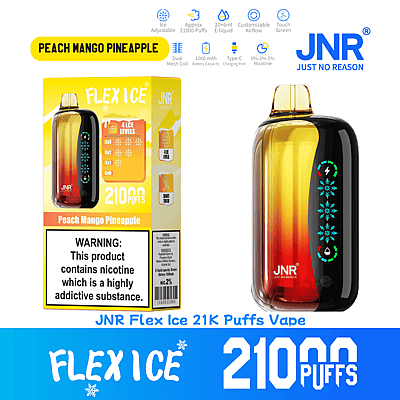 Image promotionnelle montrant l'appareil de vapotage JNR Flex Ice Peach Mango Pineapple, avec des fonctionnalités telles que le flux d'air personnalisable, l'écran tactile et la capacité de 21 000 bouffées mises en évidence.