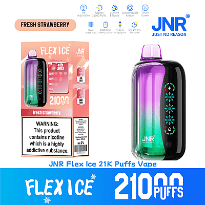 Image du produit présentant l'appareil de vapotage JNR Flex Ice dans un design dégradé avec des détails et des caractéristiques d'emballage, mettant en évidence une capacité de 21 000 bouffées et une saveur de fraise fraîche.