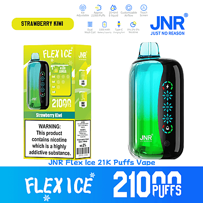 Image de l'emballage publicitaire de la vape JNR Flex Ice pour 21 000 bouffées au goût fraise-kiwi, avec des niveaux de glace réglables, une marque visible de l'appareil et de la boîte, et un avertissement sur le produit concernant les propriétés addictives de la nicotine.