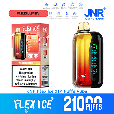 Image promotionnelle pour la vape JNR Flex Ice avec saveur Watermelon Ice, présentant l'appareil, l'emballage et les spécifications telles que 2100 bouffées, un flux d'air personnalisable et un avertissement sur la teneur en nicotine.