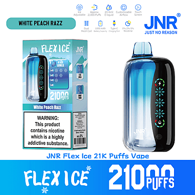 JNR Flex Ice 21K Puffs Vape avec saveur White Peach Razz avec un design bleu et noir élégant, un flux d'air personnalisable, un écran tactile et un avertissement sur la dépendance à la nicotine, ainsi qu'un emballage du produit mettant en évidence des fonctionnalités telles qu'une capacité de 21 000 bouffées et des niveaux de glace réglables.