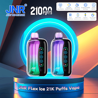 Image promotionnelle présentant deux appareils de vapotage JNR Flex Ice capables d'environ 21 000 bouffées avec des fonctionnalités telles qu'un flux d'air personnalisable, des niveaux de glace réglables et un écran tactile, mis en valeur sur un fond coloré et futuriste.
