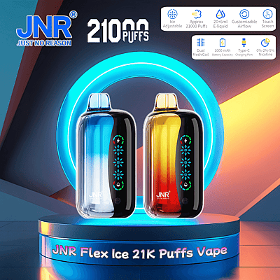 Image promotionnelle présentant deux appareils JNR Flex Ice 21K Puffs Vape, l'un dans un dégradé bleu et l'autre dans un dégradé rouge, présentant des spécifications avancées et des détails de conception sur un fond d'affichage moderne et éclairé.