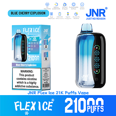 Image du JNR Flex Ice 21K Puffs Vape avec une saveur d'explosion de cerise bleue, présentant son emballage et les caractéristiques du produit telles que les niveaux de glace réglables, la capacité de 21 000 bouffées et le design élégant.
