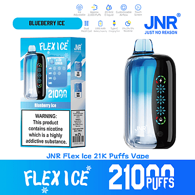 Image promotionnelle pour l'appareil de vapotage JNR Flex Ice au goût Blueberry Ice, doté de niveaux de glace réglables, d'une capacité de 21 000 bouffées, de commandes à écran tactile, d'une technologie de bobine à double maille et d'une étiquette d'avertissement de nicotine.