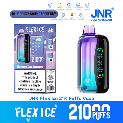 Présentoir promotionnel pour JNR Flex Ice 21K Puffs Vape au goût Blueberry Sour Raspberry, présentant l'appareil de vapotage avec des couleurs dégradées, des spécifications et des avertissements concernant la dépendance à la nicotine.