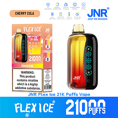 Emballage et appareil pour JNR Flex Ice 21K Puffs Vape au goût Cherry Cola, avec des réglages de glace réglables et des spécifications telles que 21 000 bouffées, une capacité d'e-liquide de 20 à 6 ml et un avertissement sur la teneur en nicotine.