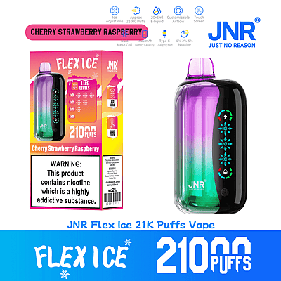 Image promotionnelle de la vape JNR Flex Ice présentant un design bicolore violet et vert avec des commandes tactiles, une boîte d'accompagnement affichant la saveur « Cerise Fraise Framboise » et des points forts du produit, notamment 21 000 bouffées et un avertissement de nicotine.