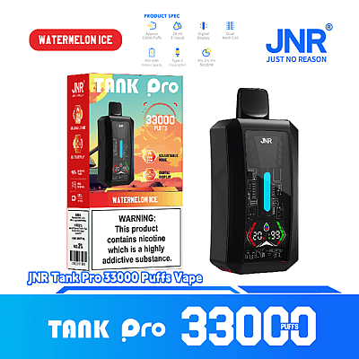En reklambild för vape-enheten JNR Tank Pro, som erbjuder smaken Watermelon Ice, med specifikationer som räcker till 33 000 bloss, digital display och justerbara funktioner.