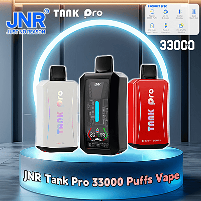 En reklambild för JNR Tank Pro 33 000 Puffs Vape, som visar upp enhetens tre färger – vit, svart och röd – mot en modern bakgrund med glödande cirkulär belysning, och som beskriver produktspecifikationer som batterikapacitet och e-vätskemängd.