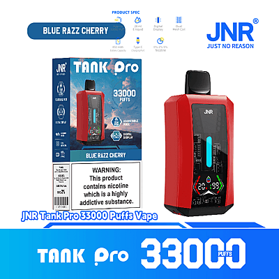 Reklambild som visar JNR Tank Pro 33000 Puffs Vape i rött med produktspecifikationer och varning för nikotinberoende.