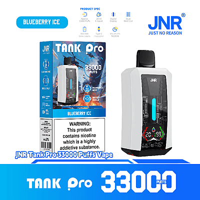 Reklambild för JNR Tank Pro vape med smak av blåbärsis, som visar produktförpackningen och enheten, med höjdpunkter på dess kapacitet på 33 000 bloss, digitala display, justerbara lägen och nikotinvarningsetikett.