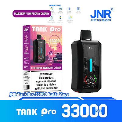 Produktbild av JNR Tank Pro 33000 Puffs Vape, med smaken Blåbär och Hallonkörsbär, med en elegant digital displaydesign och förpackningsdetaljer som framhäver dess funktioner och säkerhetsvarningar.