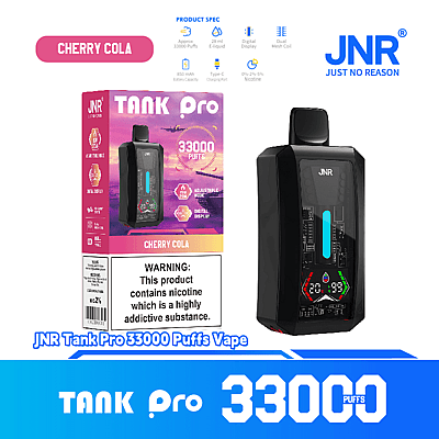 Reklambild av JNR Tank Pro 33000 Puffs Vape i smaken Cherry Cola, som visar produktförpackningen och vaping-enheten med en digital display.