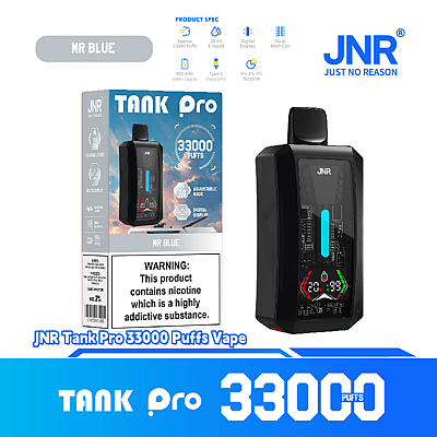 Bild på JNR Tank Pro 33000 Puffs Vape i smaken 'Mr Blue', som visar förpackningen och enheten, med en varning om nikotins beroendeframkallande egenskaper.