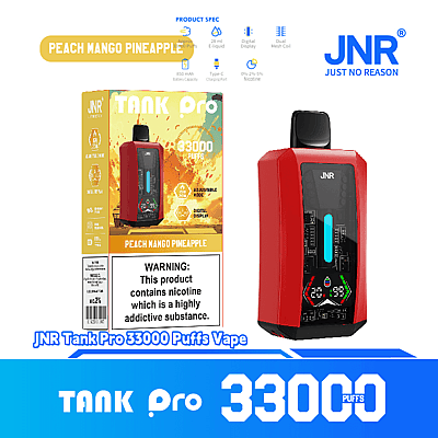 En reklambild för engångsvapen JNR Tank Pro som erbjuder 33 000 bloss, med en röd enhet med digital display och specifikationer angivna på förpackningen. Den framhävda smaken är persika, mango och ananas.