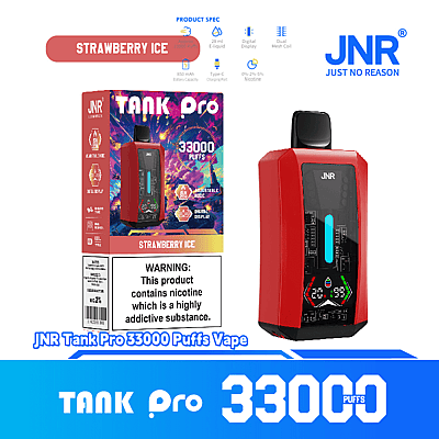 En JNR Tank Pro Vape-enhet i rött med förpackning som marknadsför 33 000 bloss och smak av jordgubbsis, med en digital display och nikotinvarningsetikett.