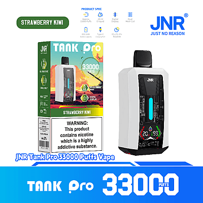 Reklambild som visar vape-enheten JNR Tank Pro och dess förpackning med smak av jordgubb och kiwi och en kapacitet på 33 000 bloss.