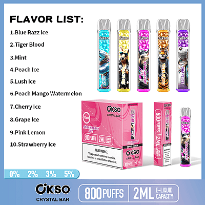 Gráfico promocional para dispositivos de vaporização descartáveis OKSO Crystal Bar, apresentando uma lista de sabores, designs de produtos individuais, embalagens e especificações, incluindo 800 tragadas, capacidade de e-líquido de 2 ml e opções de conteúdo de nicotina (0%, 2%, 3%, 5%).