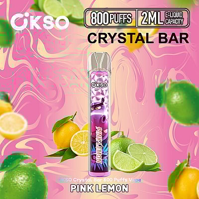 Imagem promocional do vaporizador sabor limão rosa OKSO Crystal Bar, com um design colorido com limões e limas em um fundo rosa vibrante.