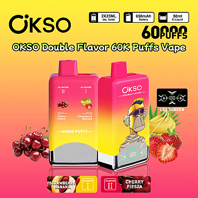 Imagem promocional do OKSO Double Flavor 60K Puffs Vape, apresentando duas unidades em um design gradiente de amarelo para rosa com sabores Morango, Banana e Cereja Fiesta, juntamente com visuais de ícones de tela de LED e gráficos de frutas.