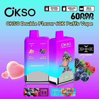 Imagem promocional do OKSO Double Flavor 60K Puffs Vape apresentando dois dispositivos de vaporização com telas de LED, opções de sabores como Love 66 e Blue Razz, e destacando uma bateria de 650mAh, capacidade de e-líquido de 50ml e 60.000 tragadas.