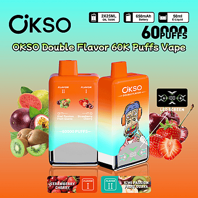 Imagem promocional do vaporizador OKSO Double Flavor com sabores Kiwi, Maracujá, Goiaba e Morango, mostrando o dispositivo, a tela de LED e suas especificações, incluindo uma bateria de 650mAh e capacidade para 60.000 tragadas.