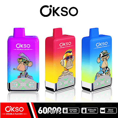 Três dispositivos de vaporização coloridos OKSO Double Flavor com ilustrações de desenhos animados de macacos estilizados em seus painéis frontais, em fundos gradientes; o texto abaixo destaca recursos como 60.000 tragadas, tanques de óleo duplos e capacidade da bateria.