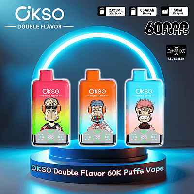 Imagem promocional apresentando os vaporizadores OKSO Double Flavor 60K Puffs em três designs coloridos com tela de LED, bateria de 650 mAh e tanques de óleo duplos de 25 ml.