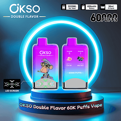 Gráfico promocional exibindo dispositivos de vaporização OKSO Double Flavor com 60.000 tragadas, com telas de LED, baterias de 650 mAh e designs mostrando um macaco de desenho animado e opções de sabores rotuladas Love 66 e Blue Razz, em um fundo azul circular brilhante.