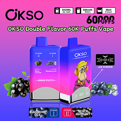 Imagem promocional do OKSO Double Flavor 60000 Puffs Vape com dois sabores: Blueberry Ice e Black Currant, com um fundo gradiente de rosa para roxo, tela de LED e destaques do produto, incluindo capacidade da bateria, tamanho do tanque de óleo e volume total de e-líquido.