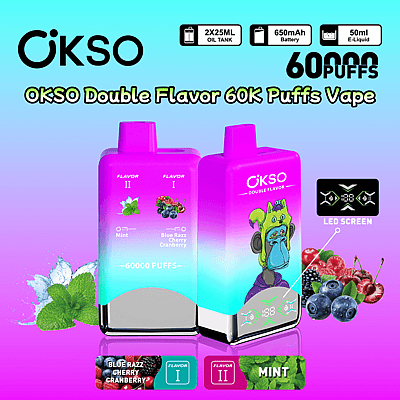 Imagem promocional do OKSO Double Flavor 60K Puffs Vape, apresentando um design vibrante de dois dispositivos de vaporização que oferecem sabores de menta e Blue Razz Cherry Cranberry, com especificações como bateria de 650 mAh, e-líquido de 50 ml, tela de LED e capacidade para 60.000 tragadas, em um fundo gradiente com ilustrações de sabores.