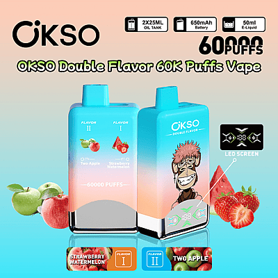 Imagem promocional do dispositivo de vaporização OKSO Double Flavor com capacidade para 60.000 tragadas, apresentando dois sabores de maçã e morango e melancia, um design com cores vibrantes e especificações que incluem tela de LED, bateria de 650 mAh e capacidade de e-líquido de 50 ml.