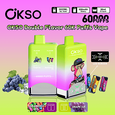 Imagem promocional do OKSO Double Flavor 60K Puffs Vape apresentando um dispositivo de design gradiente exibindo os sabores Grape Ice e Red Energy Ice, com embalagem colorida e detalhes sobre capacidade e recursos, incluindo uma tela de LED.
