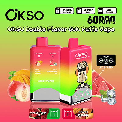 Gráfico promocional para o OKSO Double Flavor Vape com sabores de pêssego, manga e melancia gelada, exibindo capacidade para 60.000 tragadas, e-líquido de 50 ml, bateria de 650 mAh e design de tela de LED em um fundo gradiente verde-amarelo com imagens de frutas e cubos de gelo.