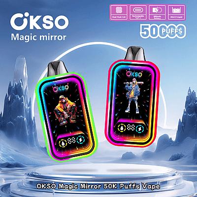 Två färgglada OKSO Magic Mirror-vapingenheter med upplysta skärmar med konstnärliga designer, mot ett futuristiskt isigt landskap med framhävda varumärken och produktfunktioner.