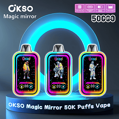 Reklamdisplay med OKSO Magic Mirror 50K Puffs Vape-enheter mot en neonbelyst bakgrund, alla med livfulla och färgglada designer.