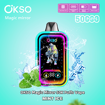 Reklambild av OKSO Magic Mirror 50K Puffs Mint Ice vape med en färgglad enhet med neondetaljer, avbildad mot en mint- och is-tema bakgrund som framhäver produktfunktioner som dubbel mesh-spole och 850 mAh batteri.